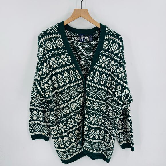 Vintage GAP Fair Isle Cardigan Sweater L 100% Cotton Made in Hong Kong Oversized - Picture 7 of 7